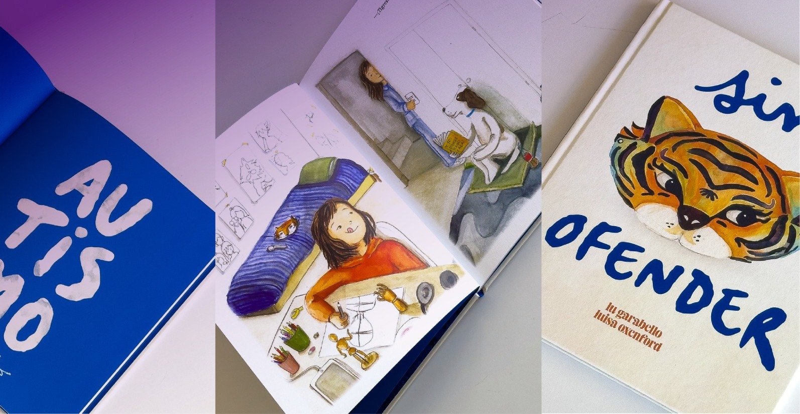 Ilustración de tres libros abiertos, uno de ellos es Sin ofender, libro de Luciana Garabello y Luisa Oxenford.