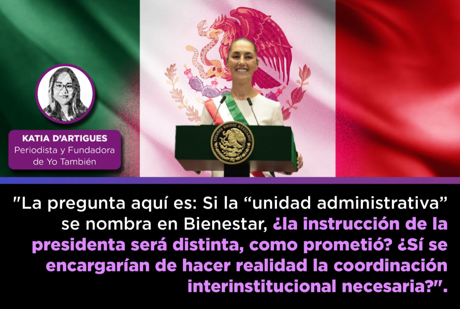 Claudia Sheinbaum Pardo, presidenta de México con una bandera mexicana de fondo