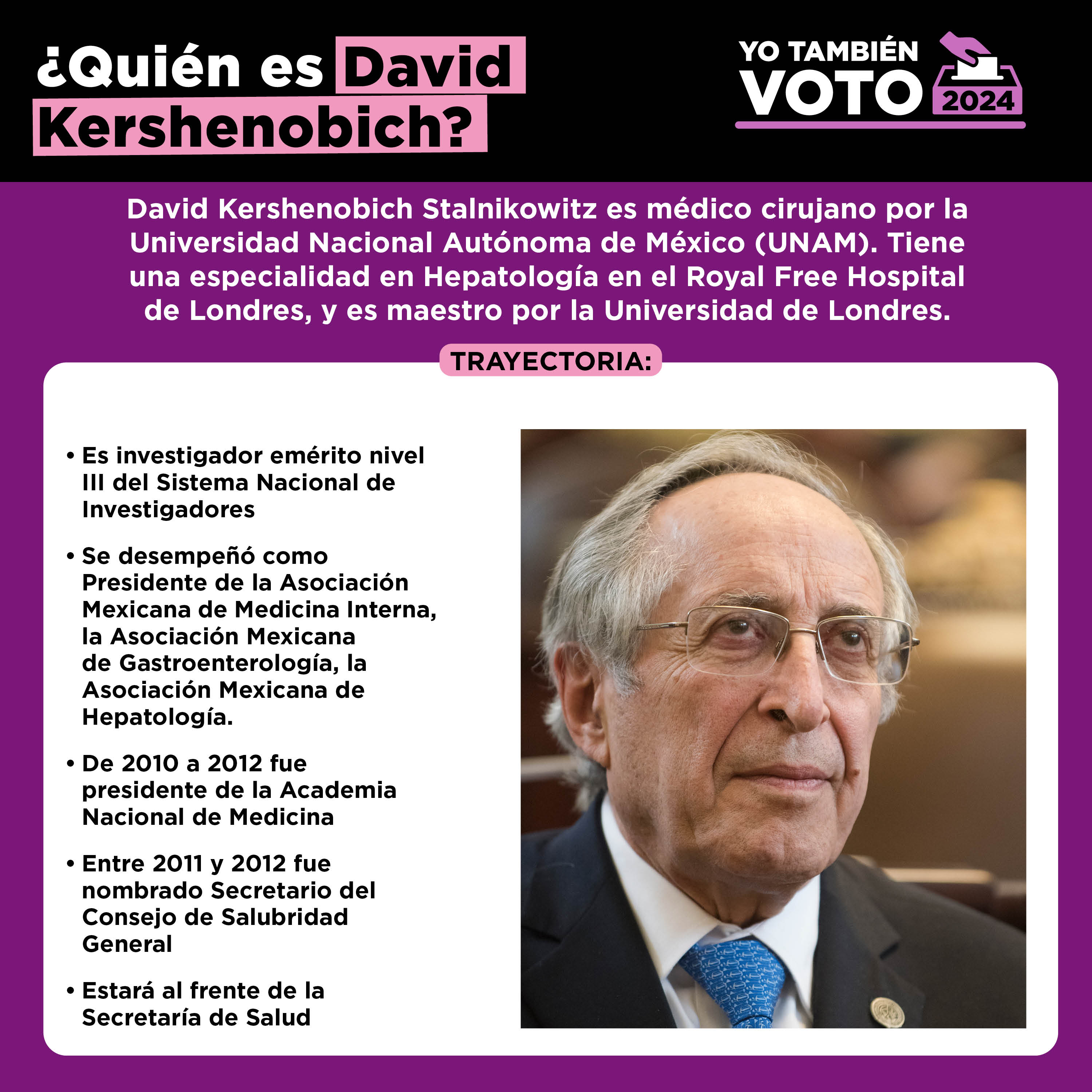 TEXTO: ¿Quién es David Kershenobich?
 YO TAMBIÉN VOTO 2024
 David Kershenobich Stalnikowitz es médico cirujano por la Universidad Nacional Autónoma de México (UNAM). Tiene una especialidad en Hepatología en el Royal Free Hospital de Londres, y es maestro por la Universidad de Londres.
 TRAYECTORIA:
* Es investigador emérito nivel IIl del Sistema Nacional de Investigadores • Se desempeñó como Presidente de la Asociación Mexicana de Medicina Interna, la Asociación Mexicana de Gastroenterología, la Asociación Mexicana de Hepatología. • De 2010 a 2012 fue presidente de la Academia Nacional de Medicina
 • Entre 2011 y 2012 fue nombrado Secretario del Consejo de Salubridad General
 • Estará al frente de la Secretaría de Salud