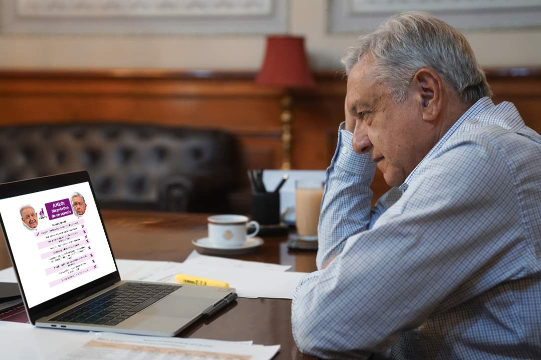 Montaje visual de AMLO contemplando en su computadora una nota de Yo También. Foto Facebook de Andrés Manuel López Obrador.