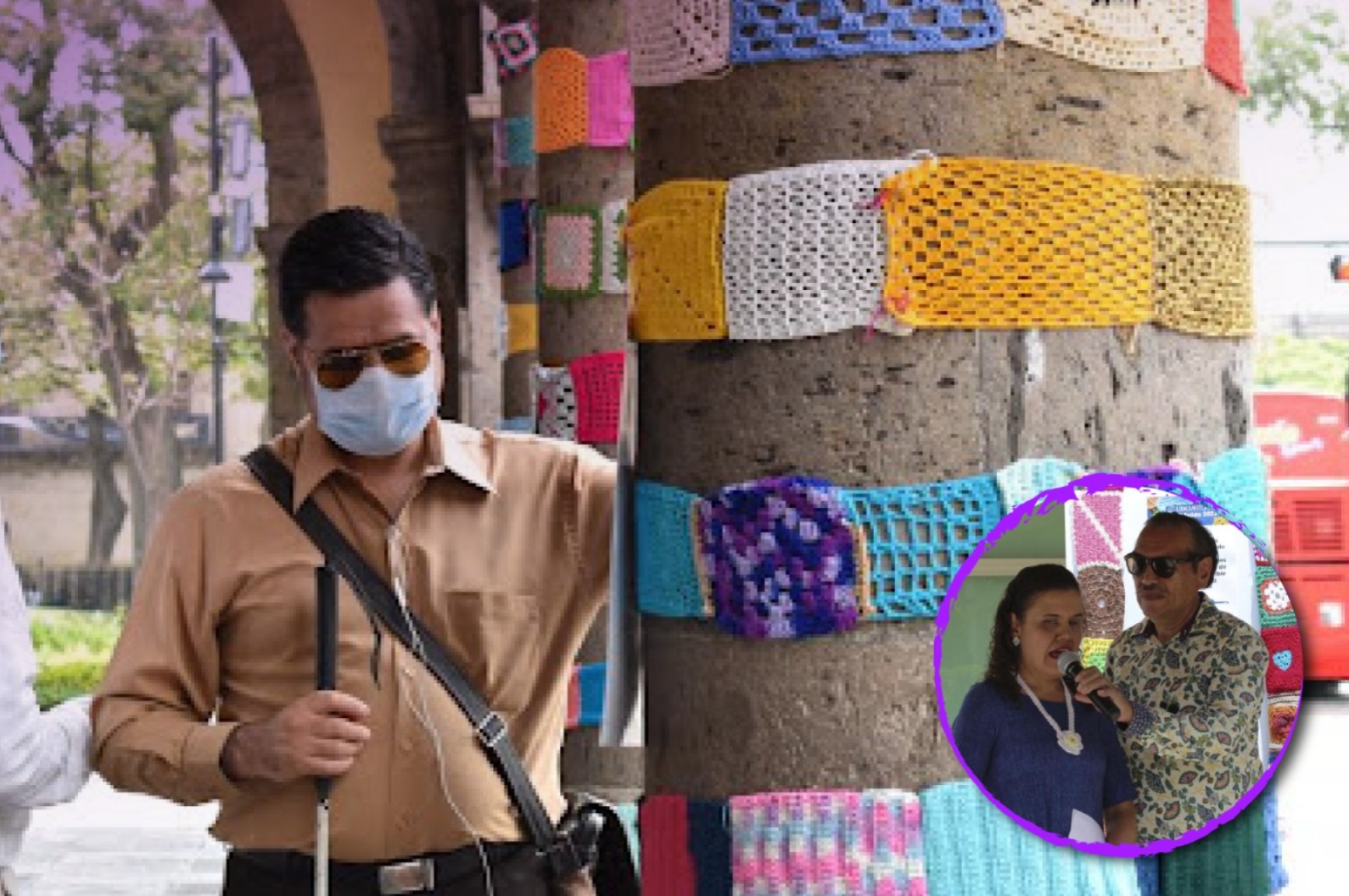 Hombre con discapacidad visual frente a un muro en el que hay pedazos de telas de diferentes colores.