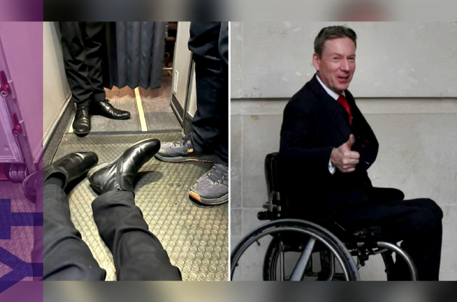 Fotografías de Frank Gardner, a la derecha aparece sobre su silla de ruedas y a la izquierda se muestran sus piernas en el suelo