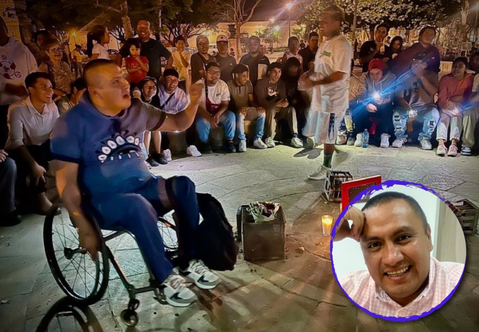 Juan Carlos Salamanca en silla de ruedas, a sus espaldas un grupo de hombres. Abajo a la derecha un círculo con una fotografía de Juan Carlos sonriendo.