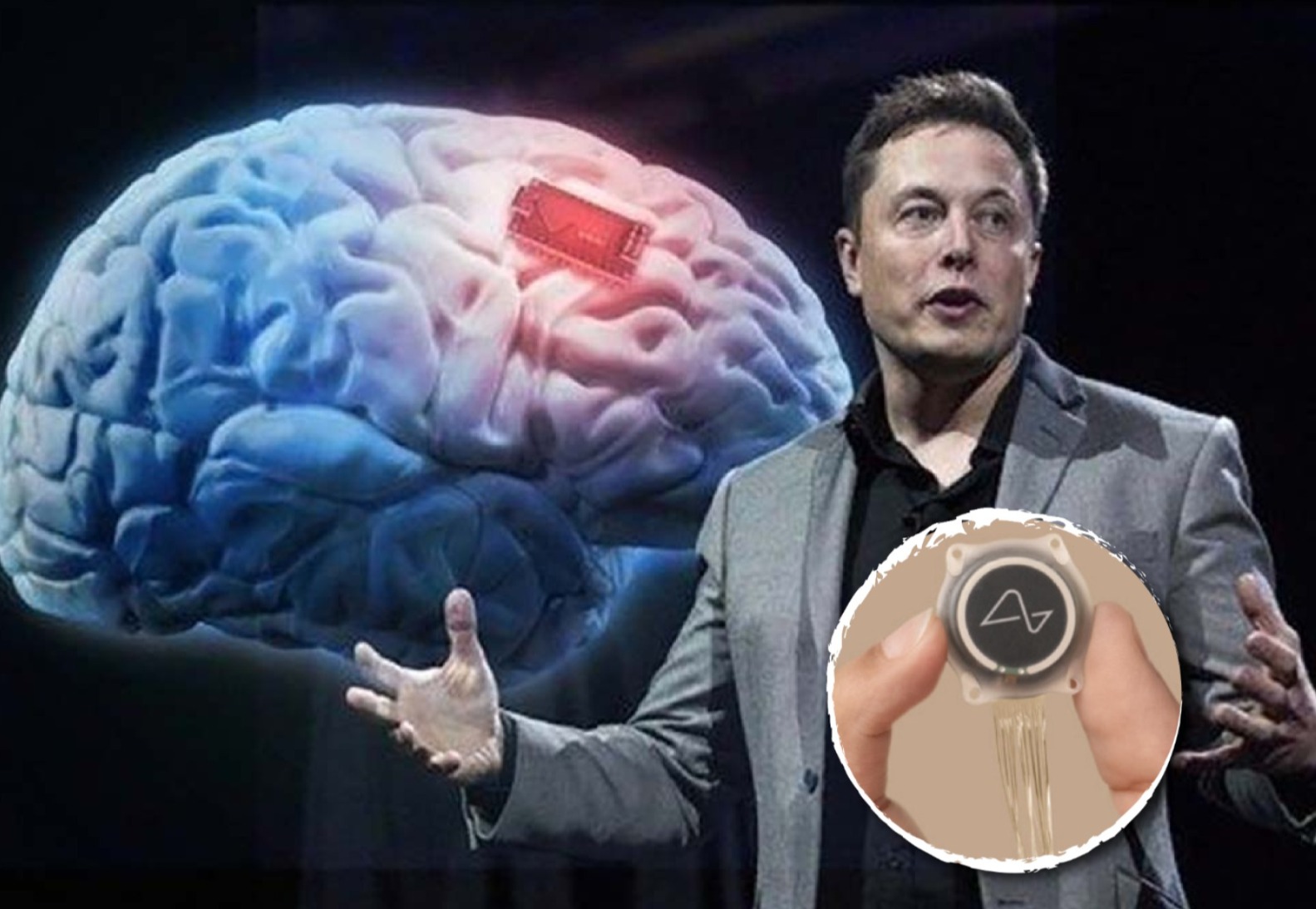 Elon Musk. A sus espaldas la representación de un cerebro humano.