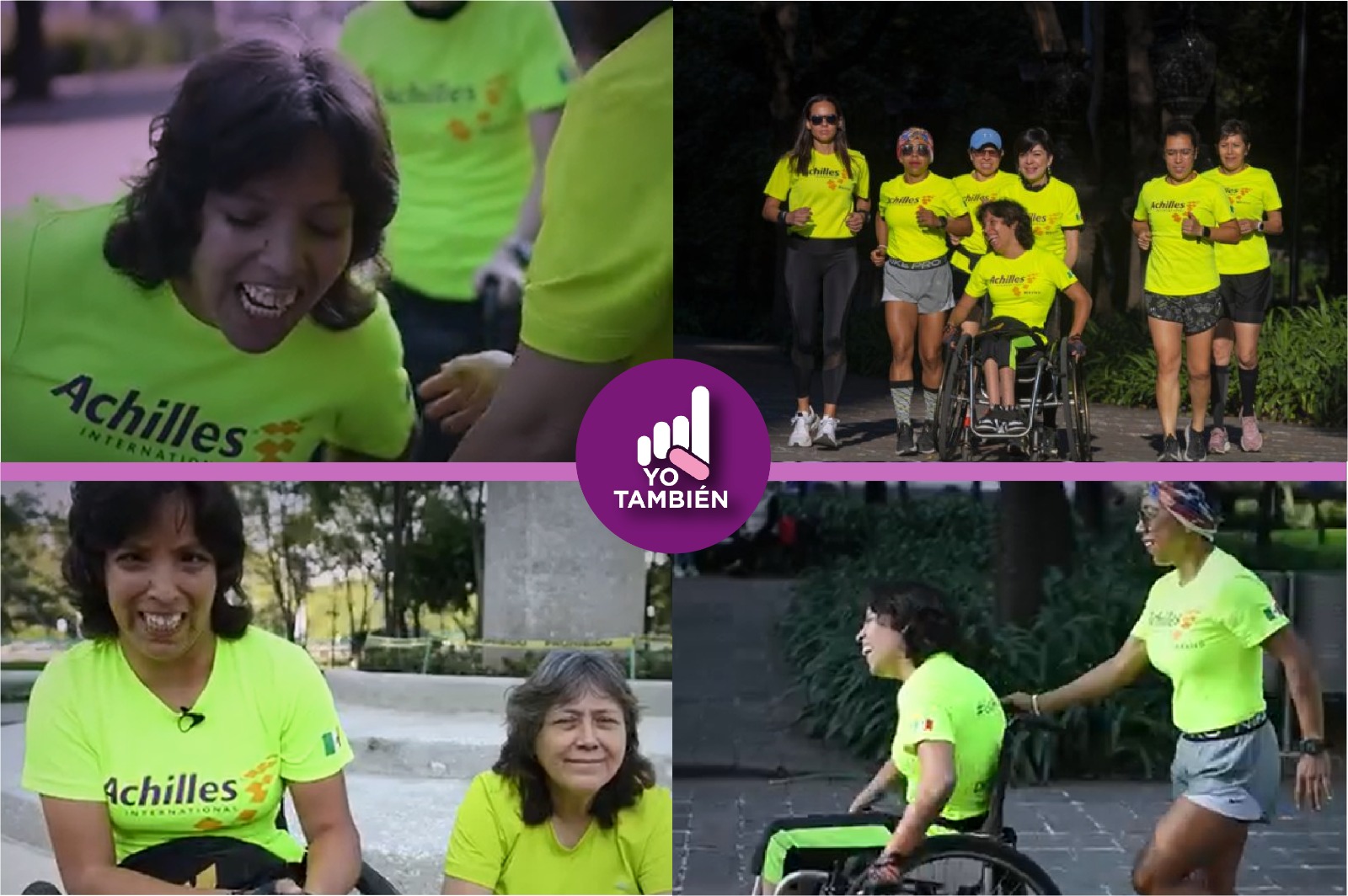 Collage de cuatro fotografías de Eri junto a un grupo de mujeres realizando actividad física.