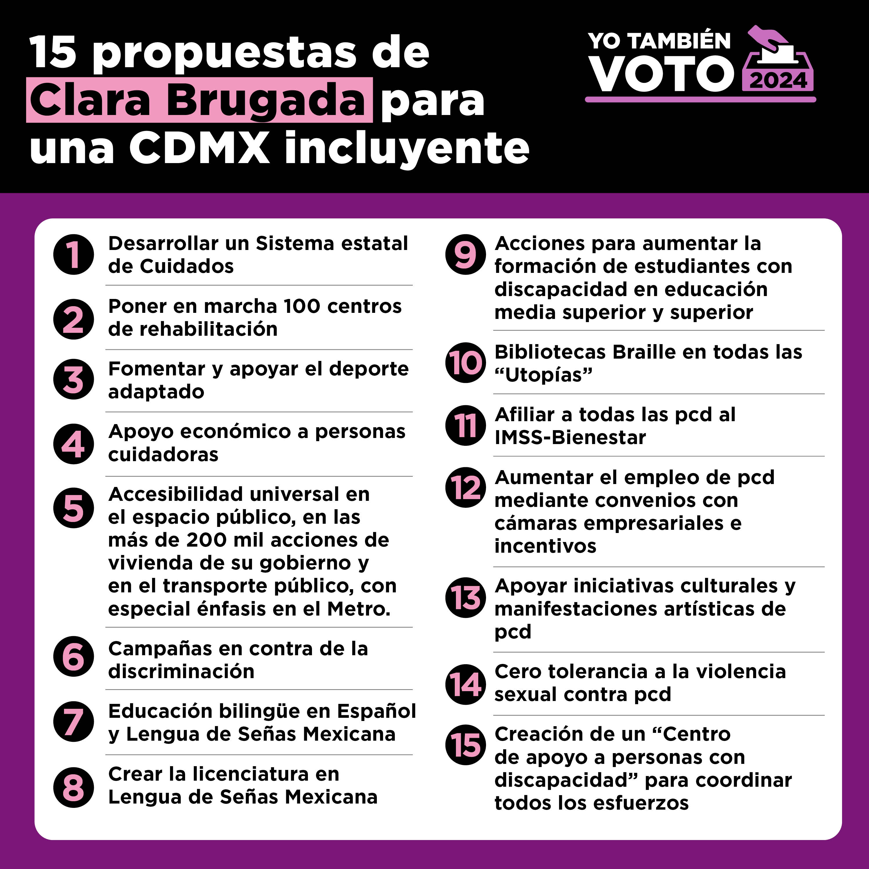 TEXTO: 15 propuestas de Clara Brugada para una CDMX incluyente. 