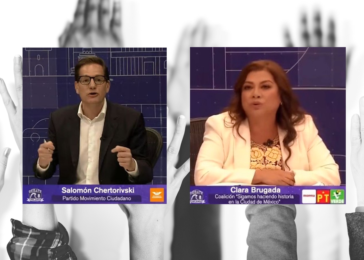 Salomón Chertorivski y Clara Brugada durante el primer debate chilango del IECM