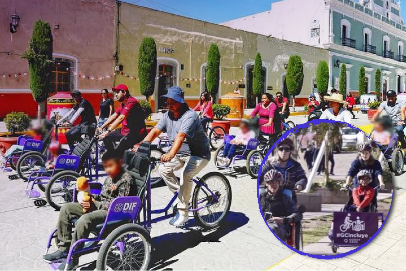 Conjunto de personas realizando un recorrido en bicicletas junto a varios niños en sillas de ruedas.
