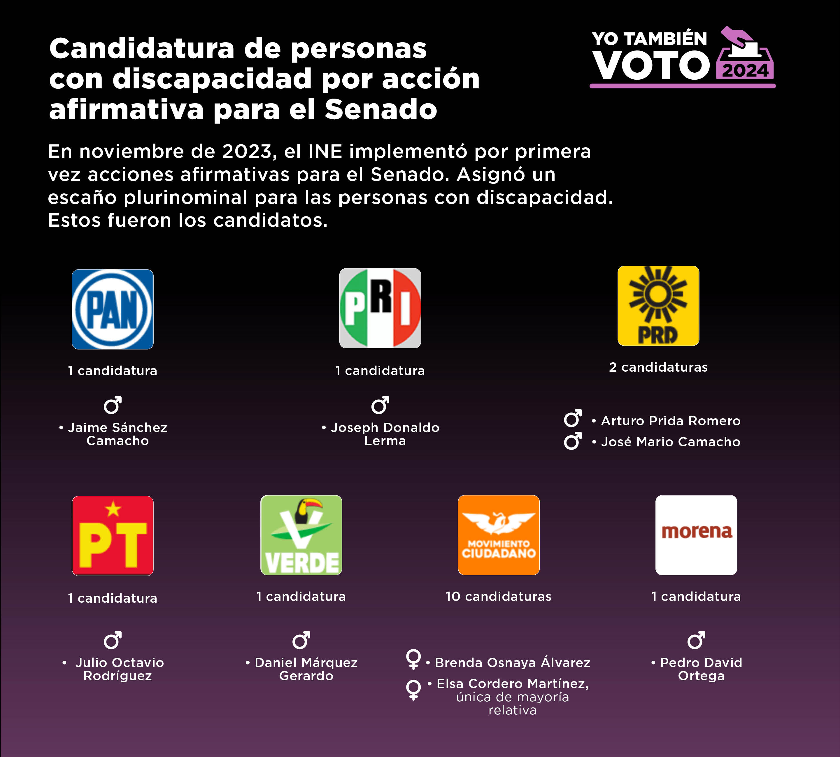 TEXTO: Lista de personas con discapacidad postuladas por acción afirmativa como candidatas al Senado.