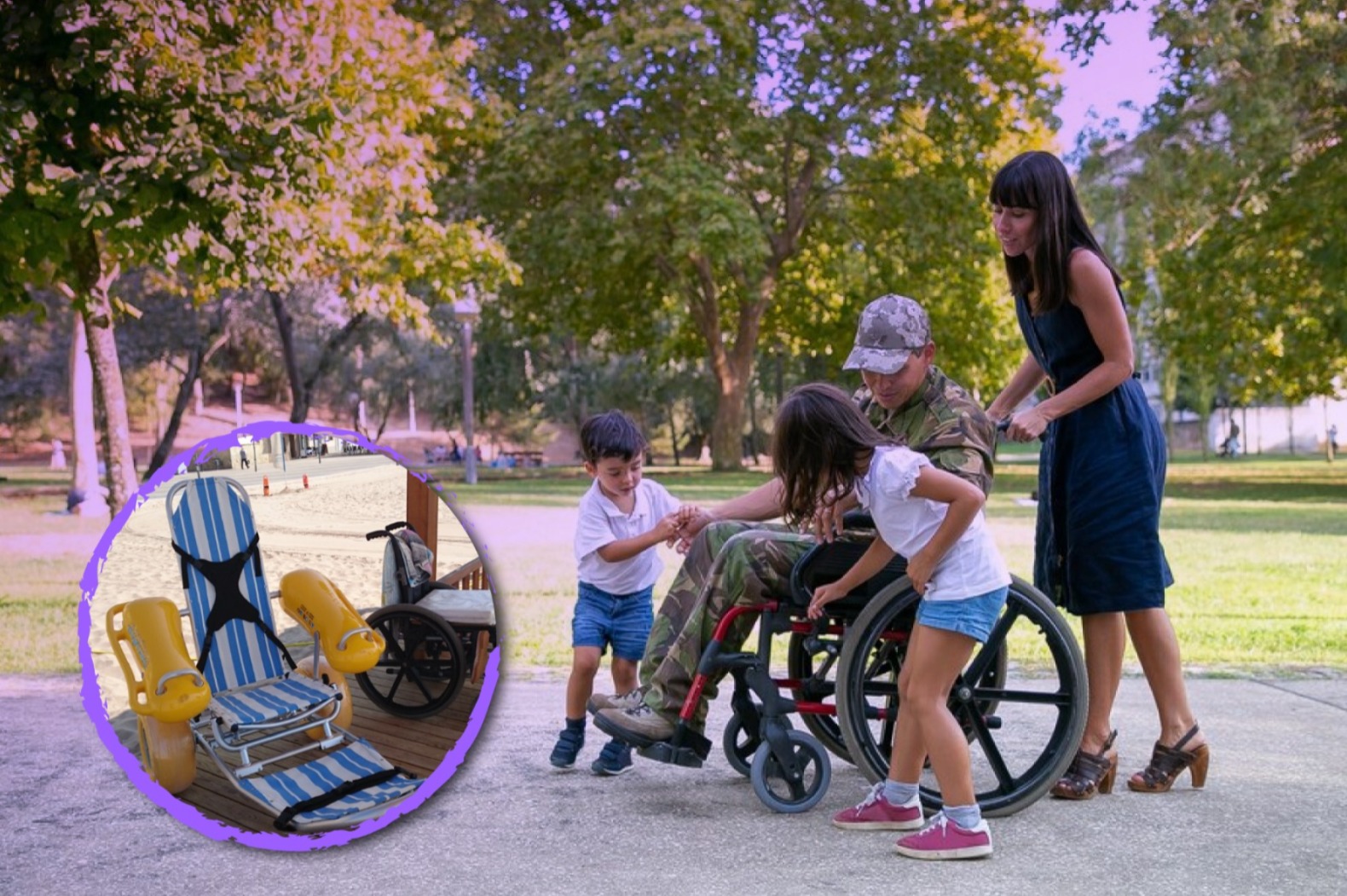 Un hombre en silla de ruedas acompañado de un niño, una niña y una mujer que lo lleva.