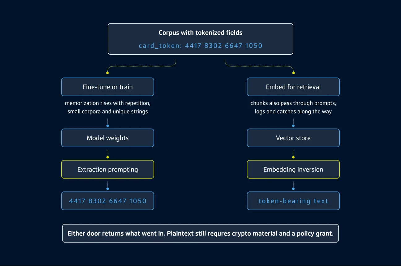AI security diagram showing extraction prompting and embedding inversion attacks on tokenized datasets only returning tokens, keeping plaintext secure.