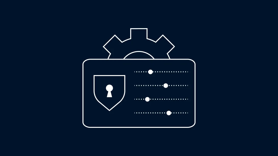 Icon of a settings panel with a security shield, adjustment sliders and gear symbol.