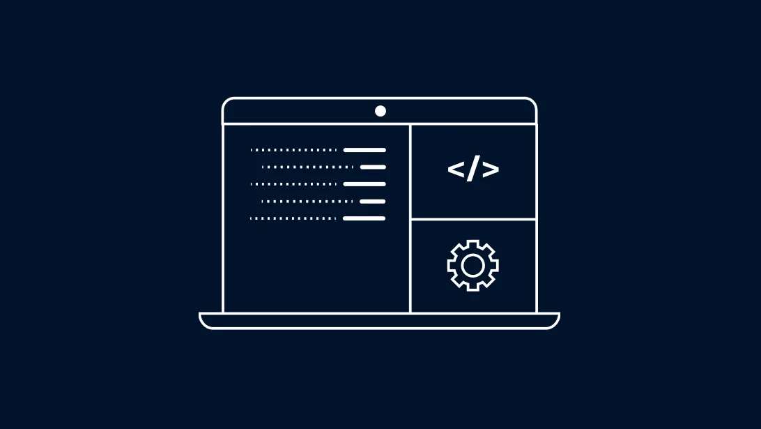 Icon of a laptop monitor with symbols for code and a gear.