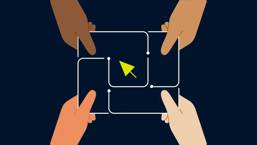 Four diverse hands holding an interlocking geometric pattern, signifying collaboration.