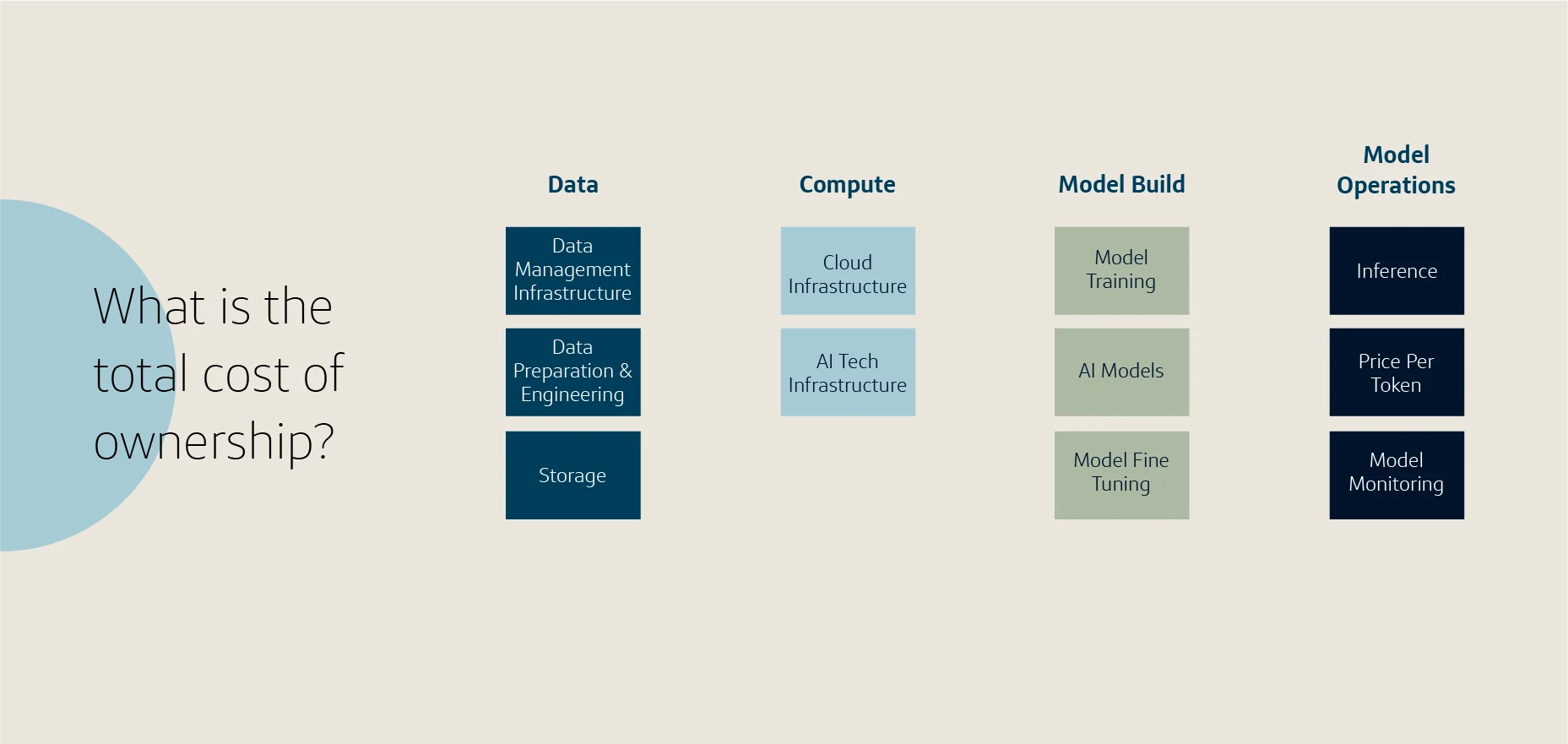 AI total cost of ownership diagram mapping out Data, Compute, Model Build and Model Operations cost components.