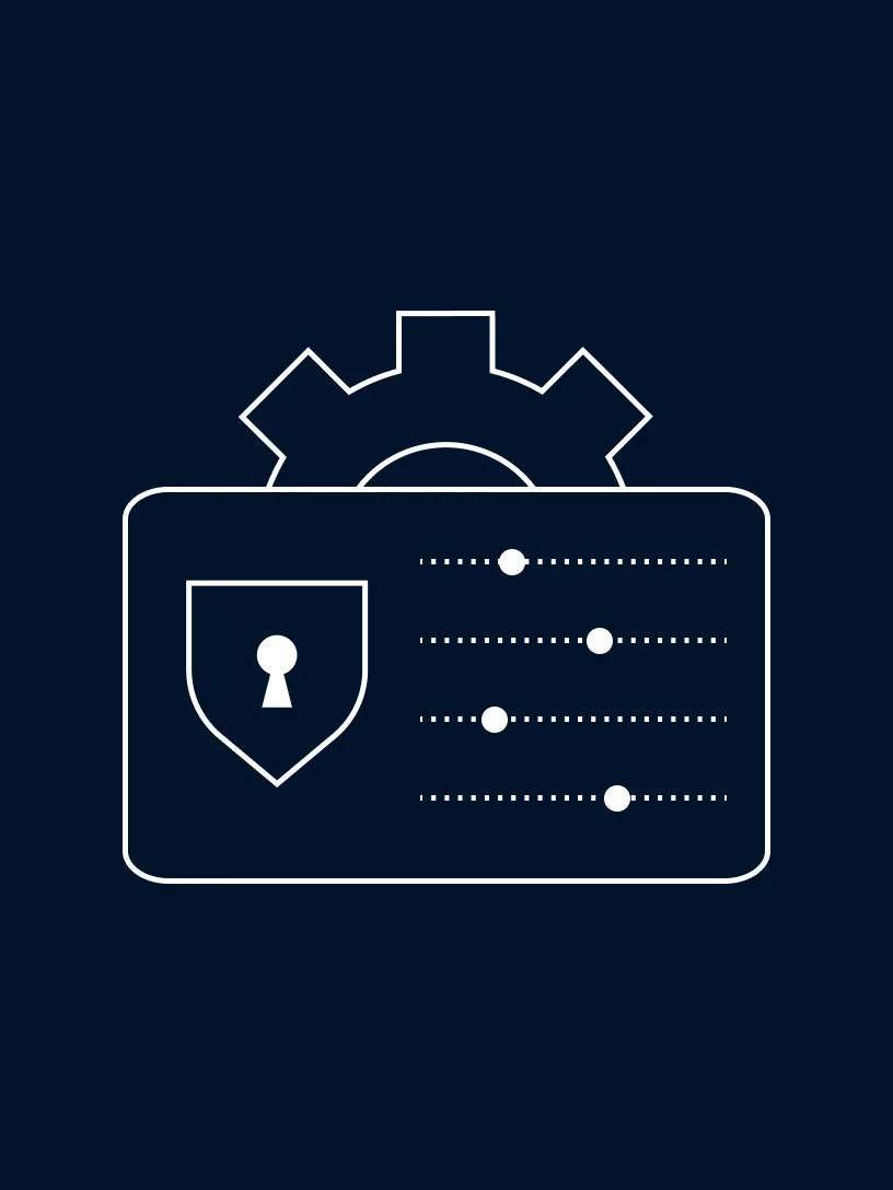 Icon of a settings panel with a security shield, adjustment sliders and gear symbol.