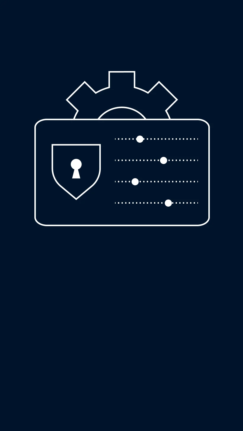 Icon of a settings panel with a security shield, adjustment sliders and gear symbol.