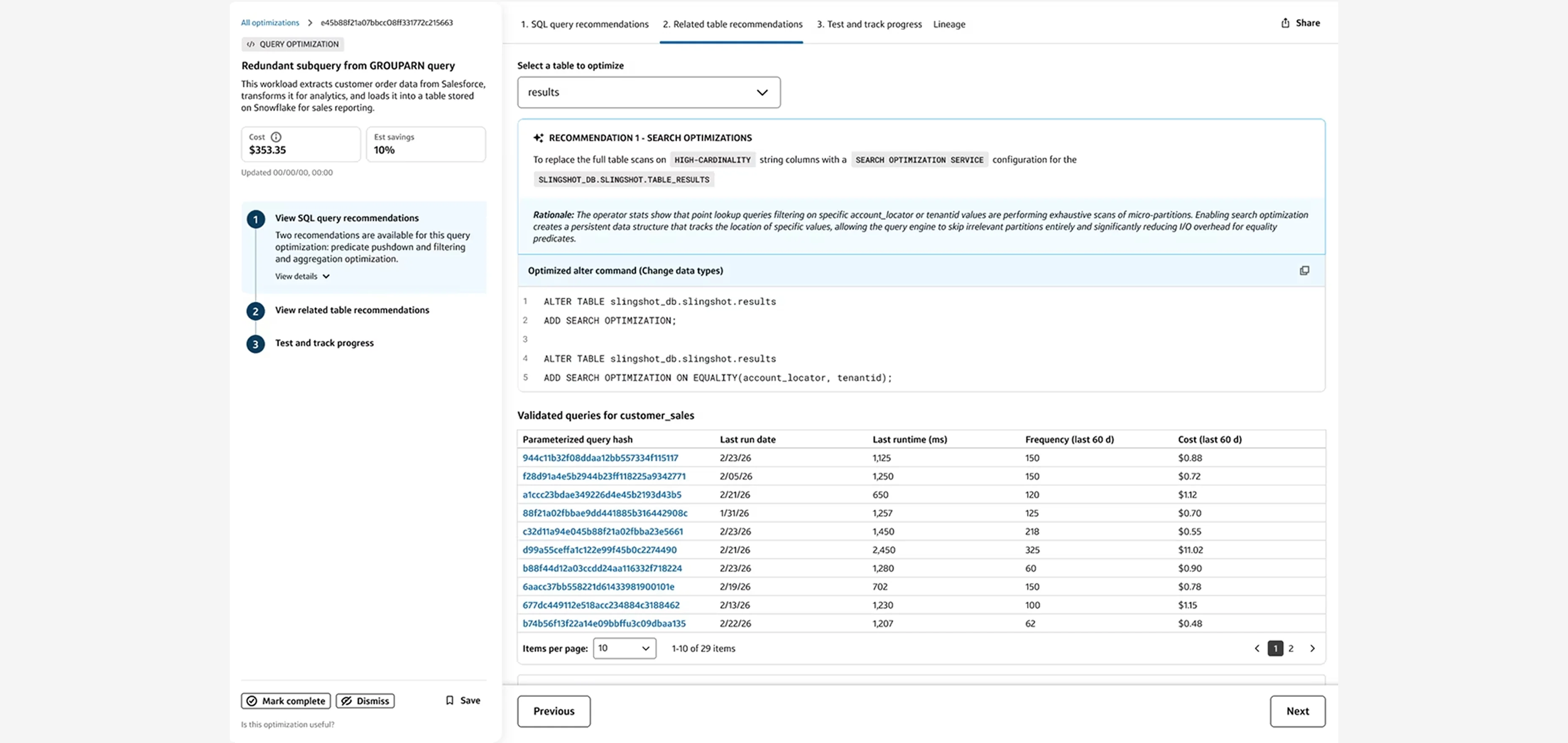 Data platform optimization dashboard displaying automated SQL database search optimization recommendations and validated query cost tables.