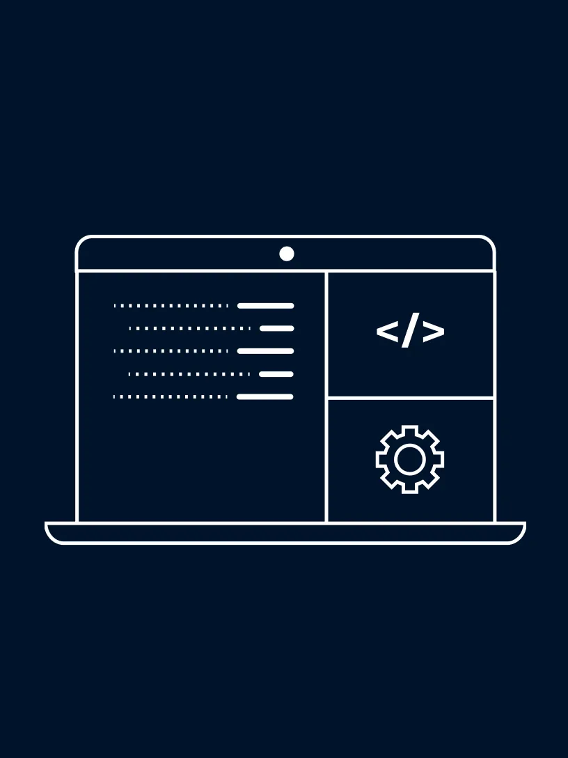 Icon of a laptop monitor with symbols for code and a gear.