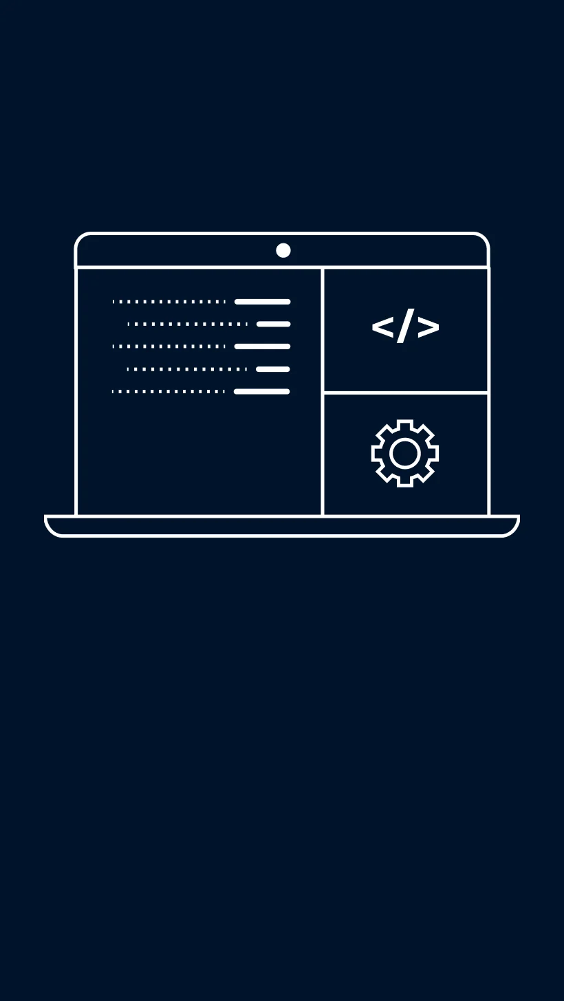 Icon of a laptop monitor with symbols for code and a gear.