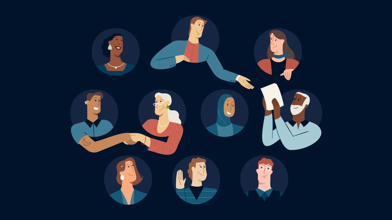 10 coworkers happily collaborating