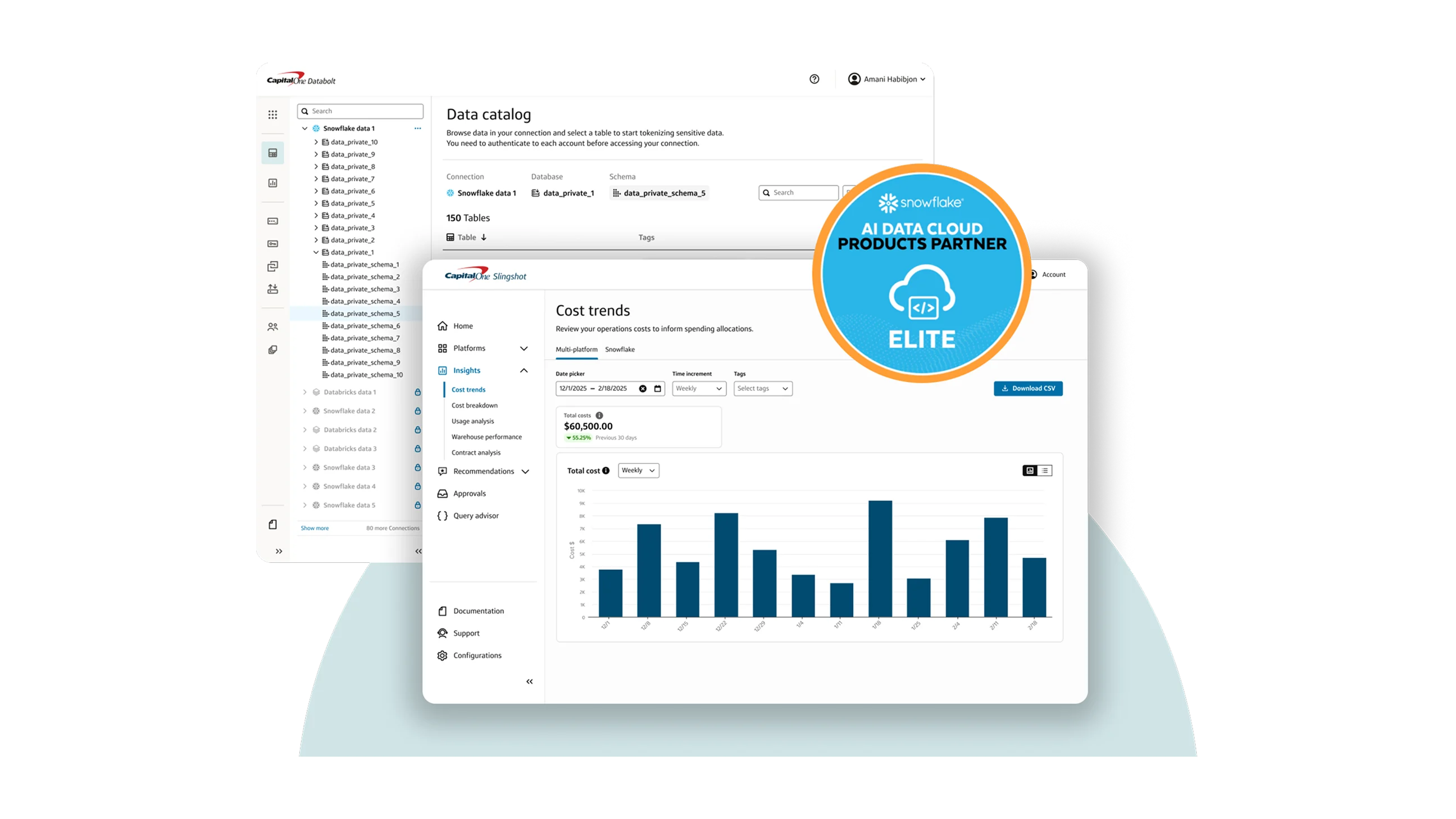 Capital One Slingshot & Capital One Databolt product screenshots with a badge overlay of Capital One Software's Elite-level Snowflake AI Data Cloud partner status.