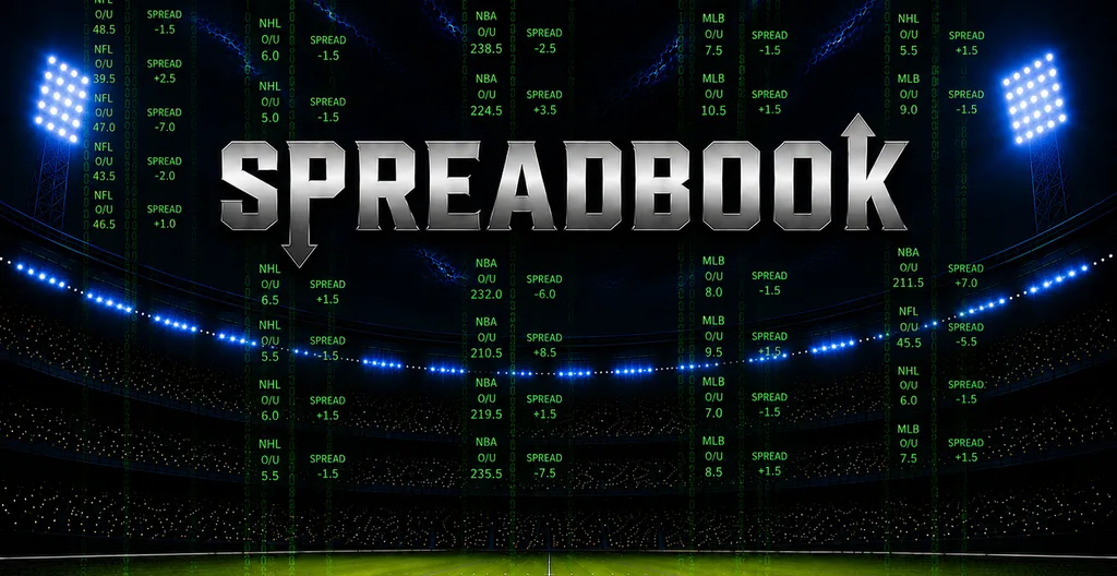 Desktop hero background for the Spreadbook homepage at 1024x528 with the wordmark positioned higher.