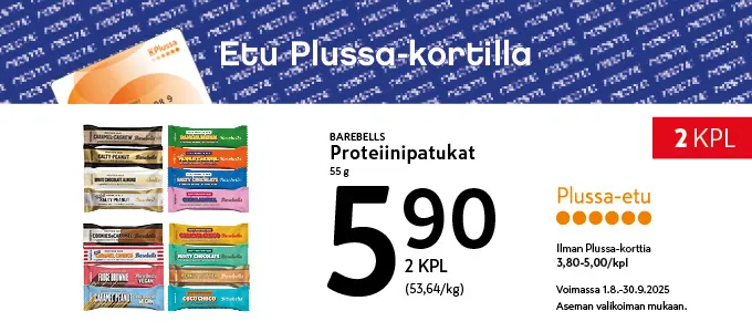 Plussa-etu Barebells proteiinipatukat