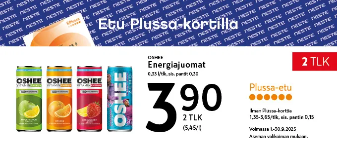 Plussa-etu Oshee energiajuomat