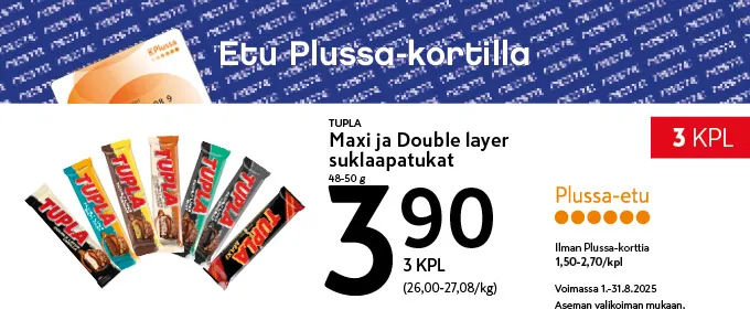 Plussa-etu Maxi ja Double layer suklaapatukat