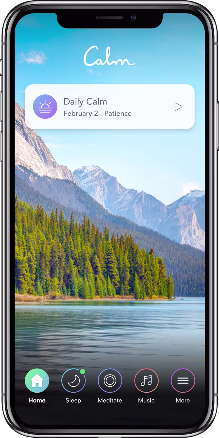 Mobile phone showing Calm app with peaceful mountain lake scenery image and icons for a streamlined UX
