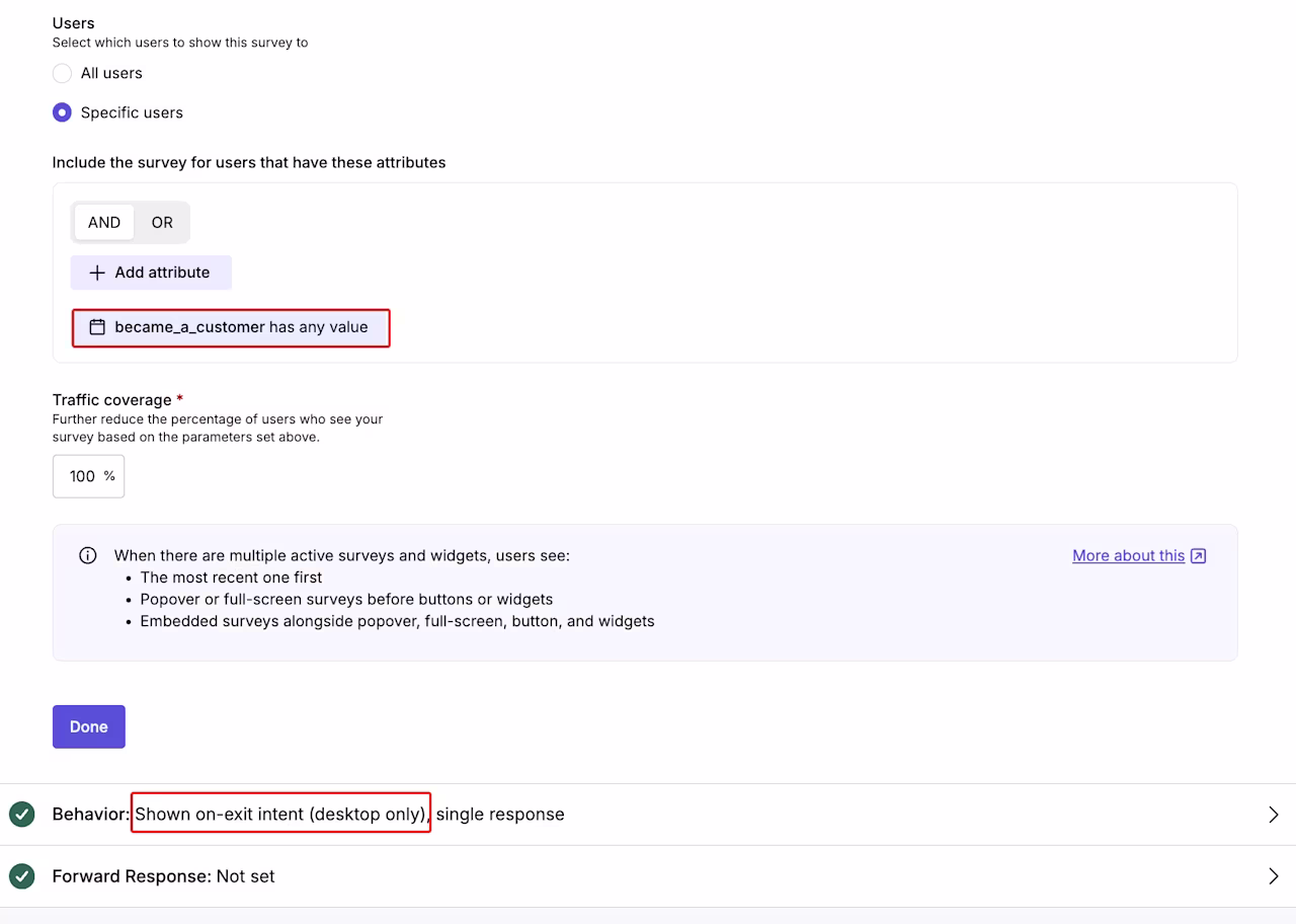 [Product screenshot] Surveys - Targeting existing customer - Behavior on exit-intent
