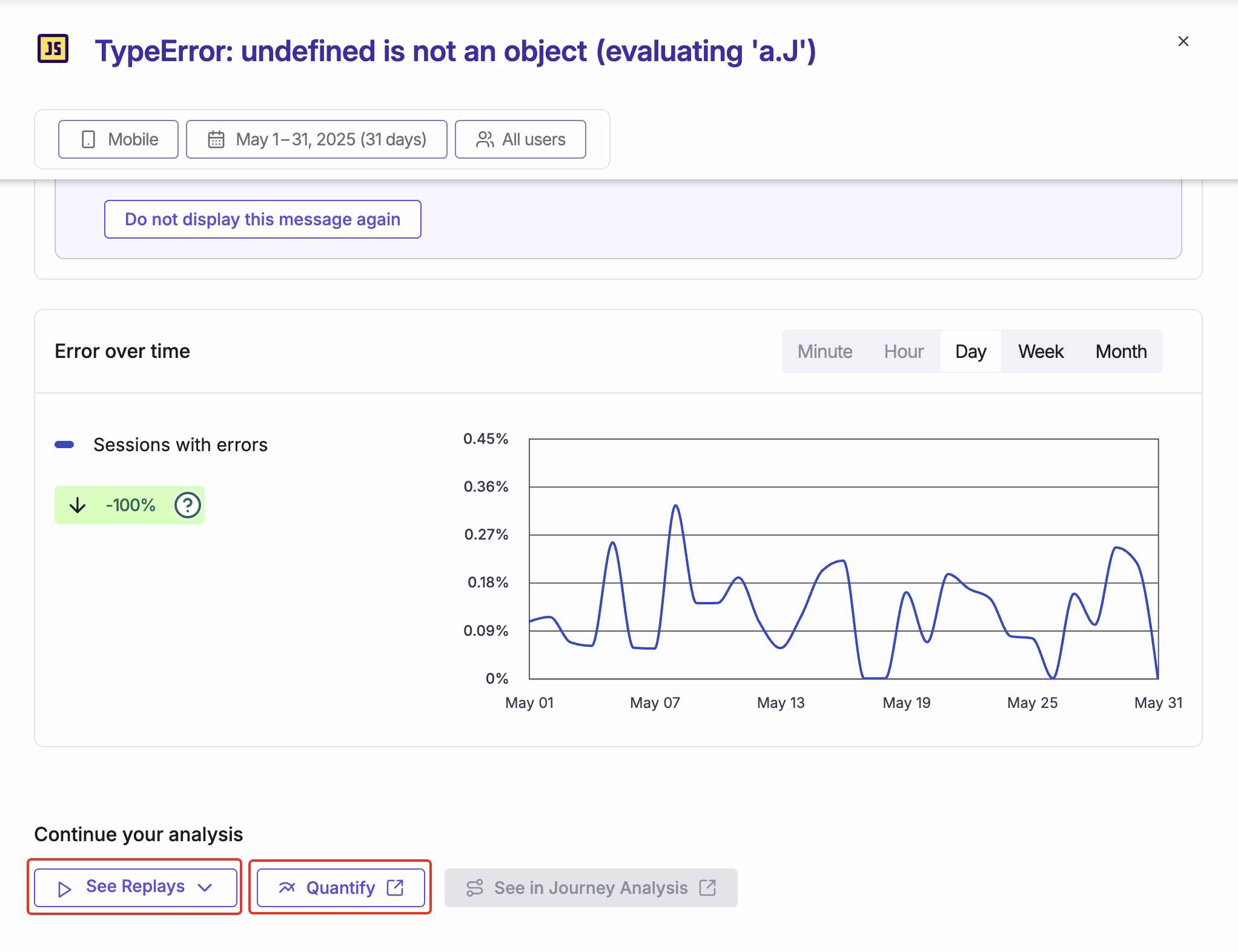 [Product screenshot] Error analysis - Sesion Replay and Impact Quantification