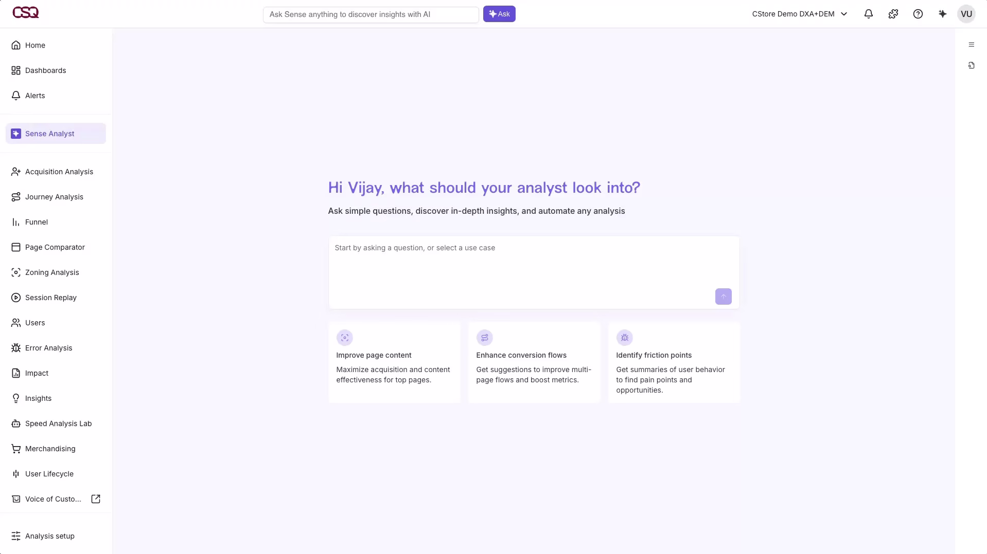 [visual]  Contentsquare Sense Analyst does the deep analysis for you, just tell it what you need