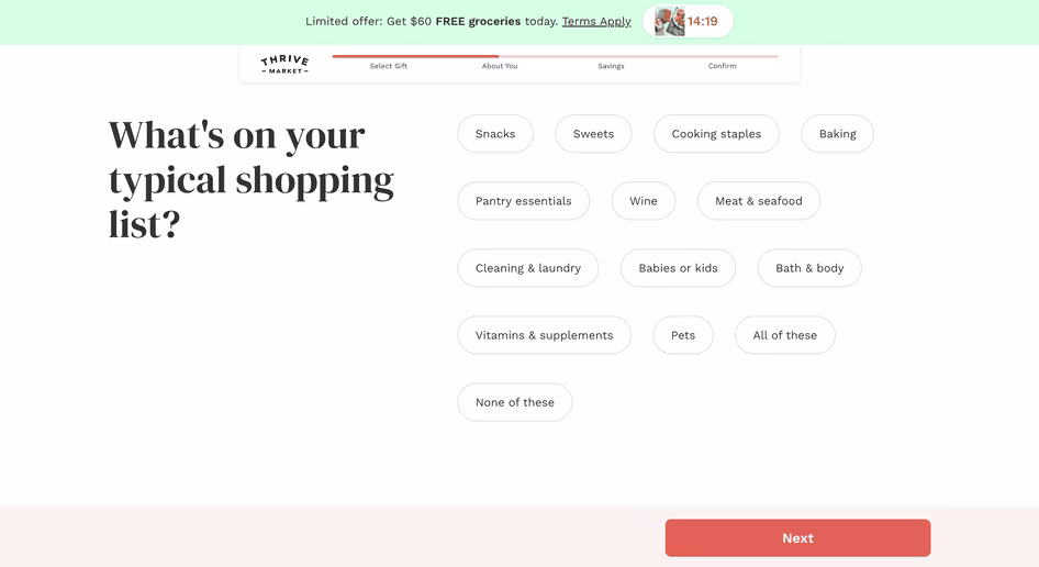 [Visual] ThriveMarket.com onboarding experience