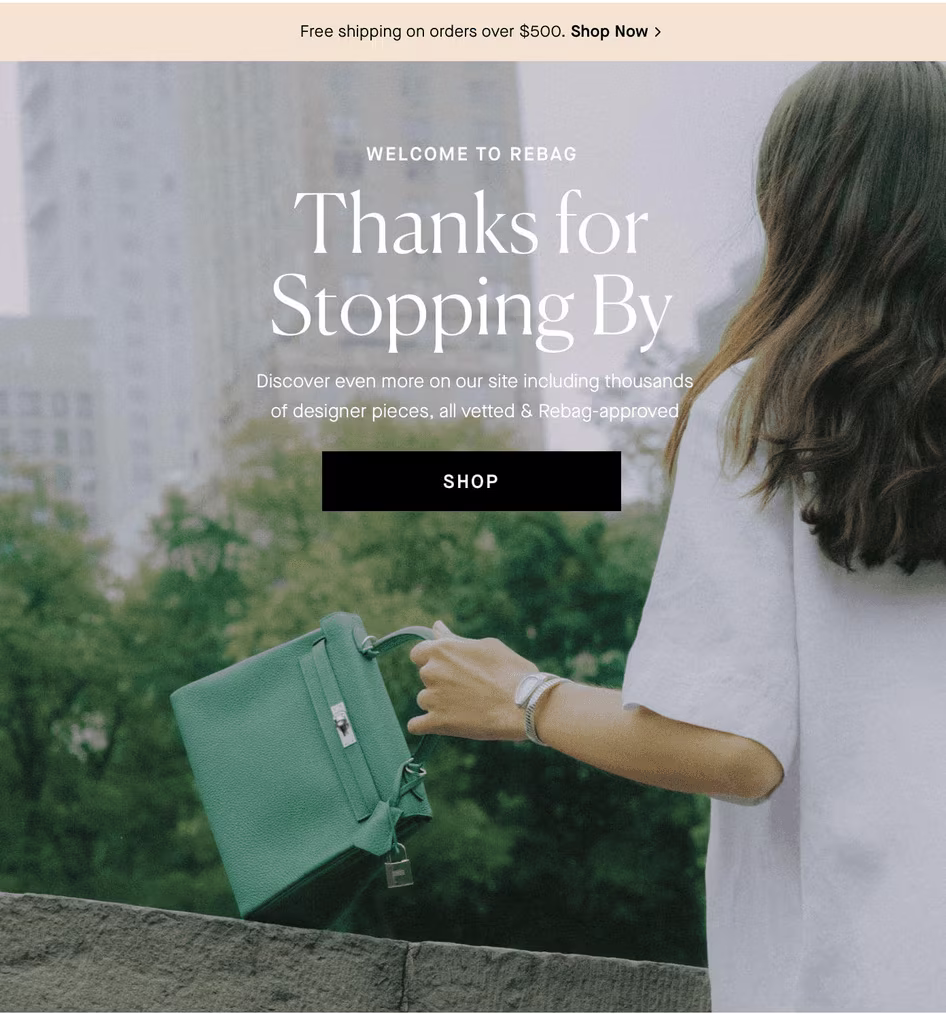 [visual] A welcome email from Rebag.com highlights the perfect way to introduce users to your brand and user onboarding with bright colors and eye-catching copy