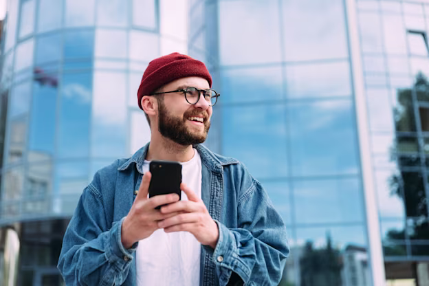 [visual] smiling while using smartphone