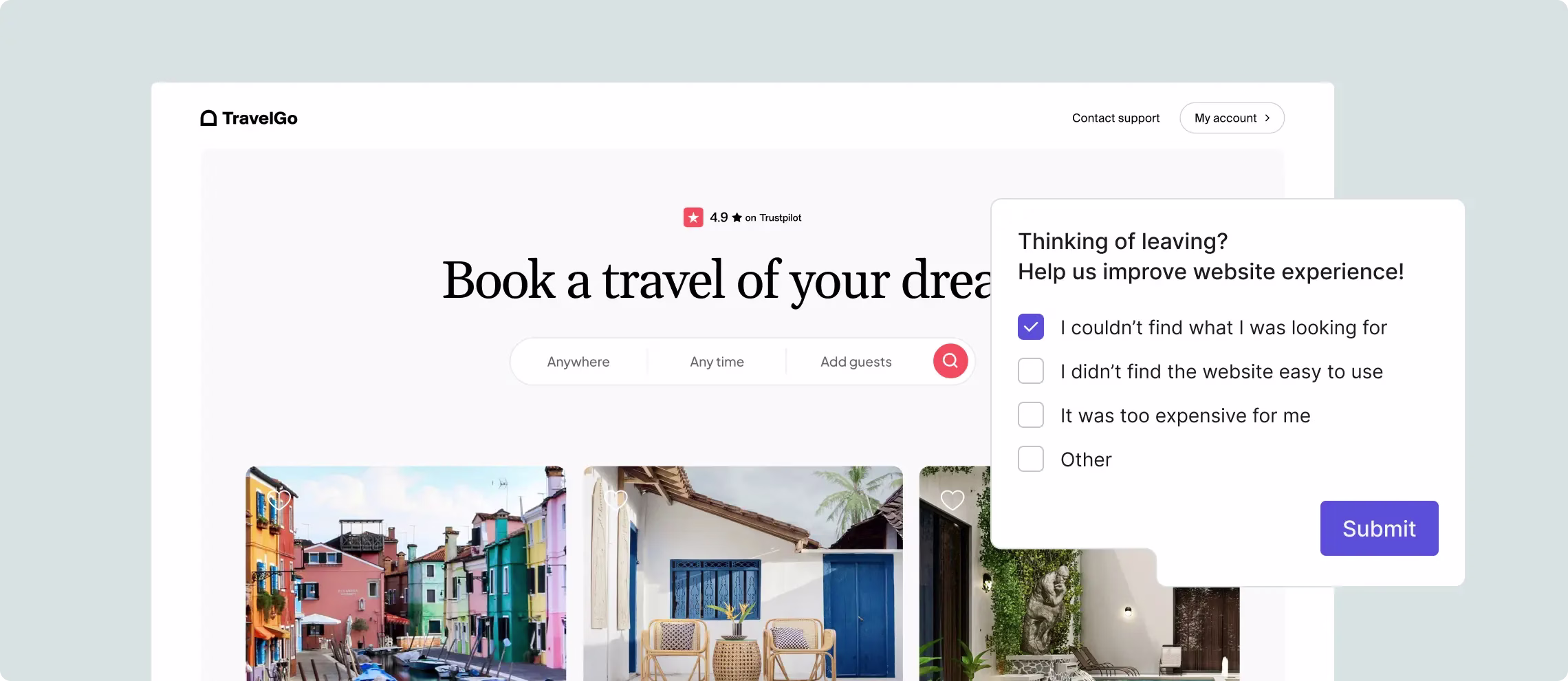 [visual] Use Contentsquare VoC to understand what your users need at key moments in their journey—like when they explore your homepage or consider a new feature