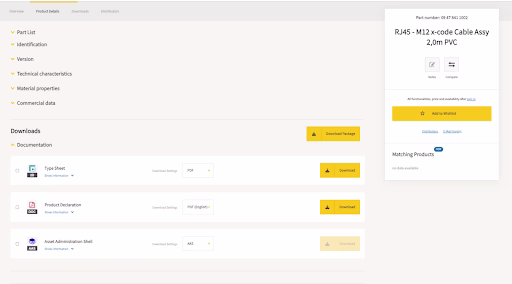 Visual - Product information categories with expandable details, followed by the reformatted downloads section with clear CTAs