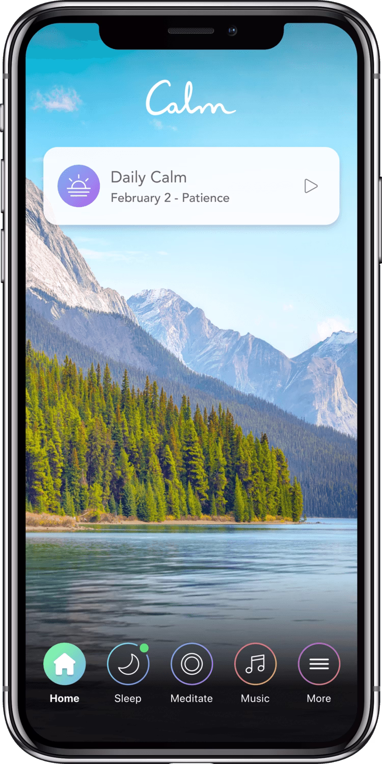[Visual] Mobile phone showing Calm app with peaceful mountain lake scenery image and icons for a streamlined UX