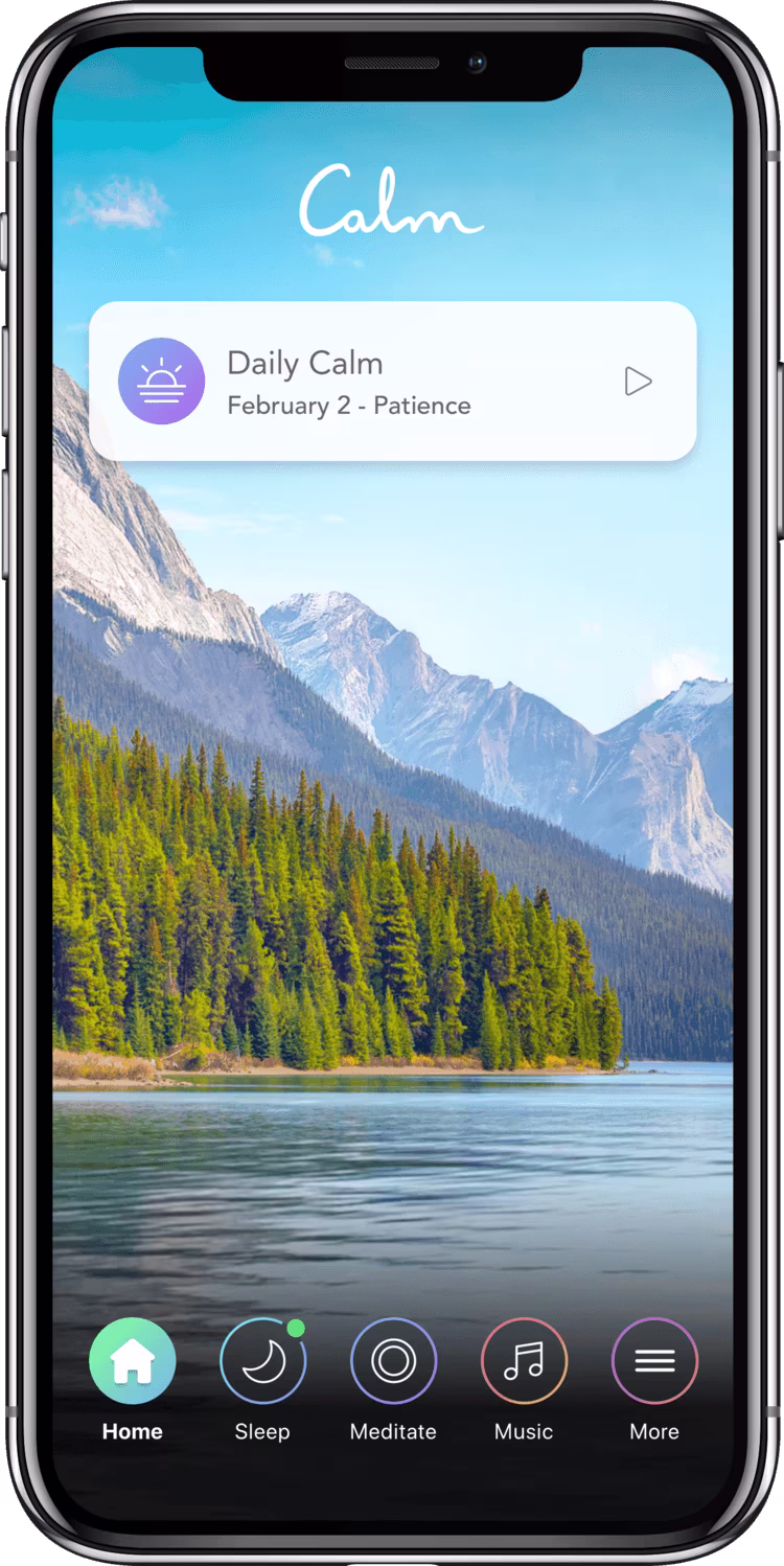 [Visual] Mobile phone showing Calm app with peaceful mountain lake scenery image and icons for a streamlined UX