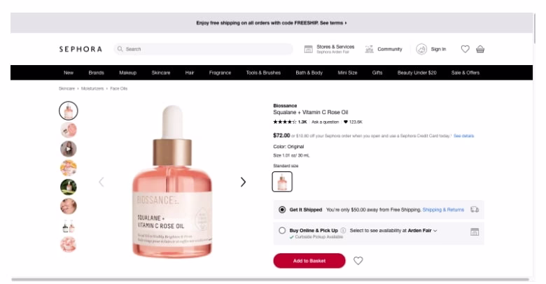 Sephora product page showing a bottle of rose oil