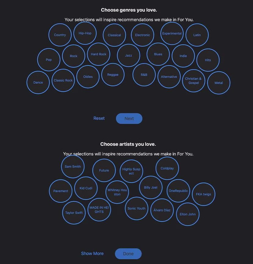 [visual] Apple Music’s onboarding process lets users customize their onboarding flow