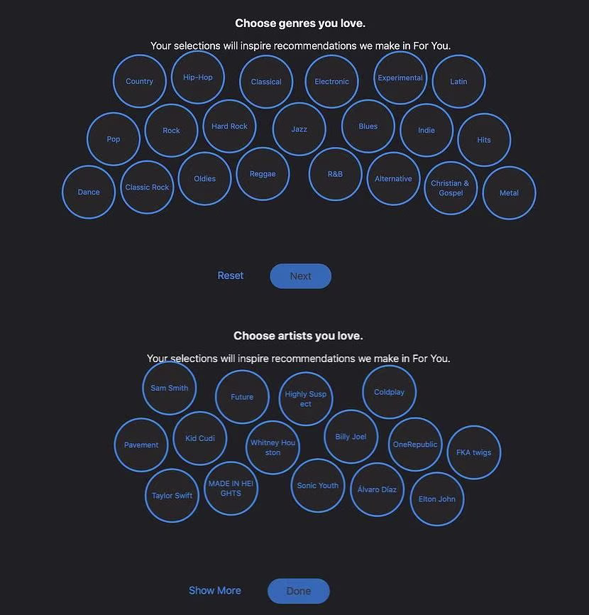 [visual] Apple Music’s onboarding process lets users customize their onboarding flow