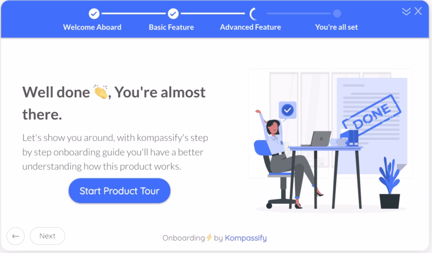 [visual]Kompassify’s onboarding process uses a checklist, progress bar, and action-based language for customer-centric onboarding