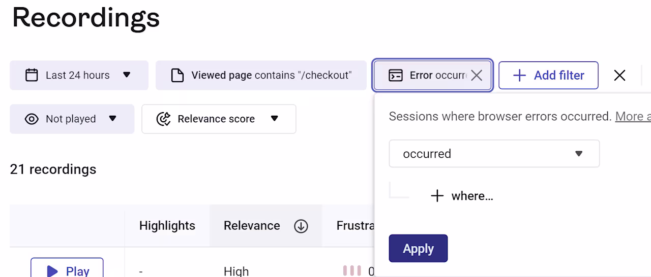 Recordings - Error occurred filter