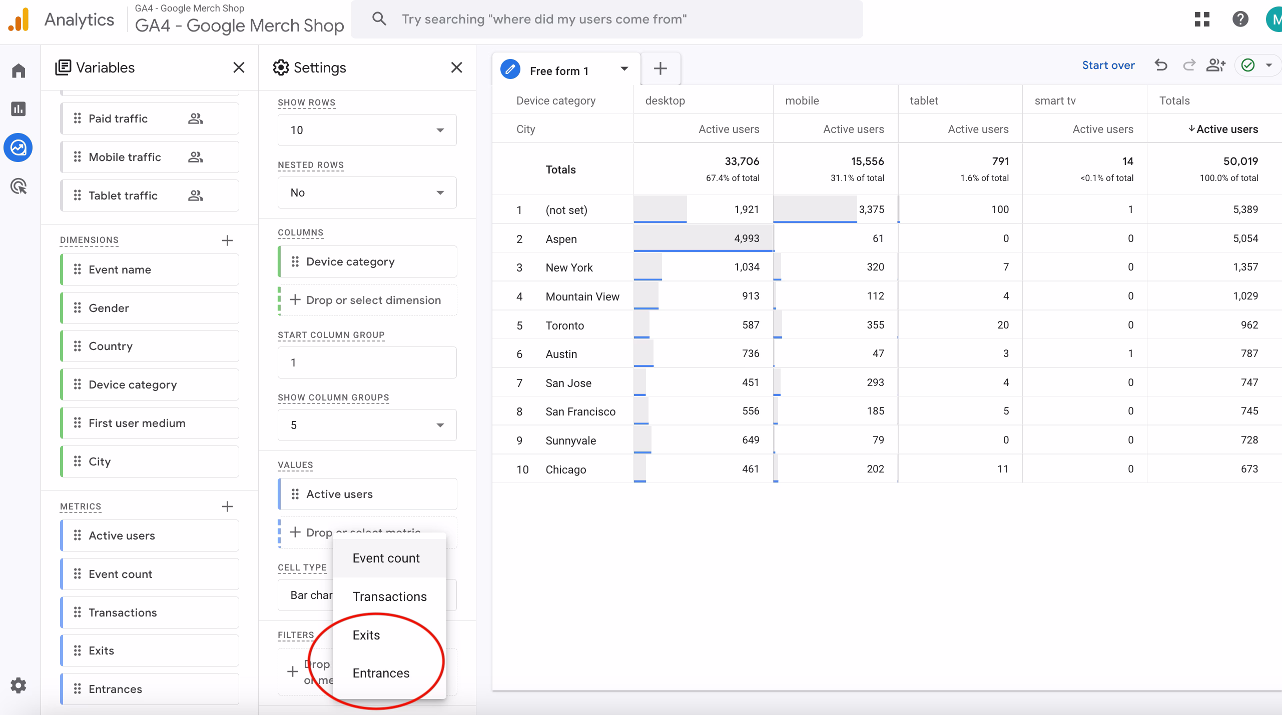 Visual - add entrances and exits as metric