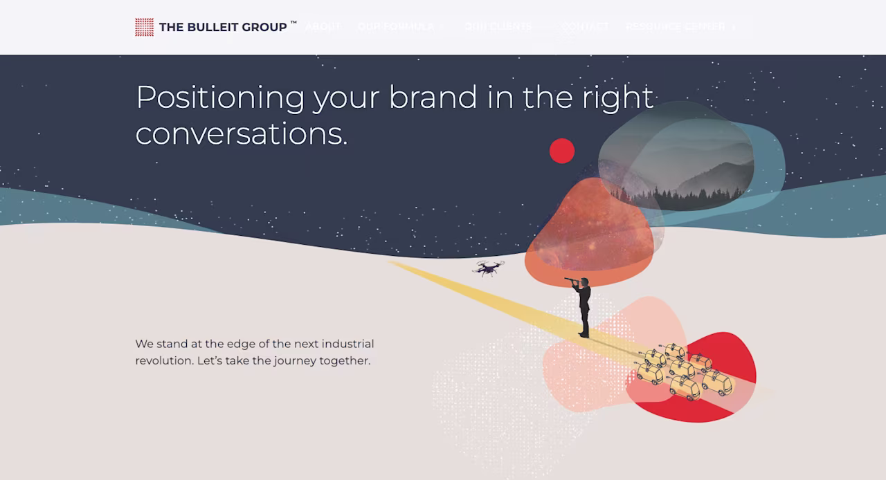 [visual] The collage-style graphic on the Bulleit Group’s homepage embodies their futuristic mission