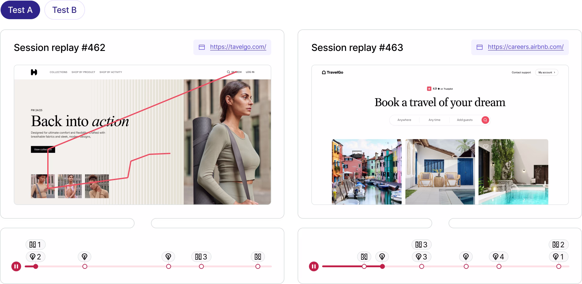 [visual] Session replays of a user browsing different homepages, captured using Contentsquare