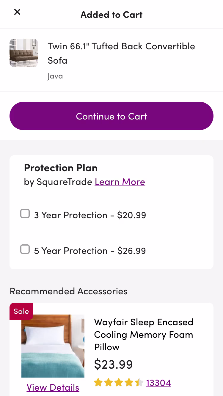 2021 04 Wayfair-Mobile-add-to-bag-popin-continue-to-cart-cta-add-on-cross-sell.png
